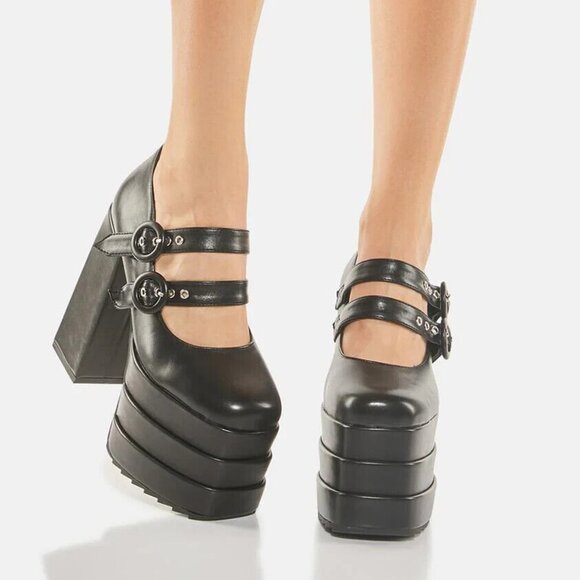 Dolls Kill Goth Lamoda Known Target Triple Stack Platform Buckle Heels 9 - Picture 2 of 4